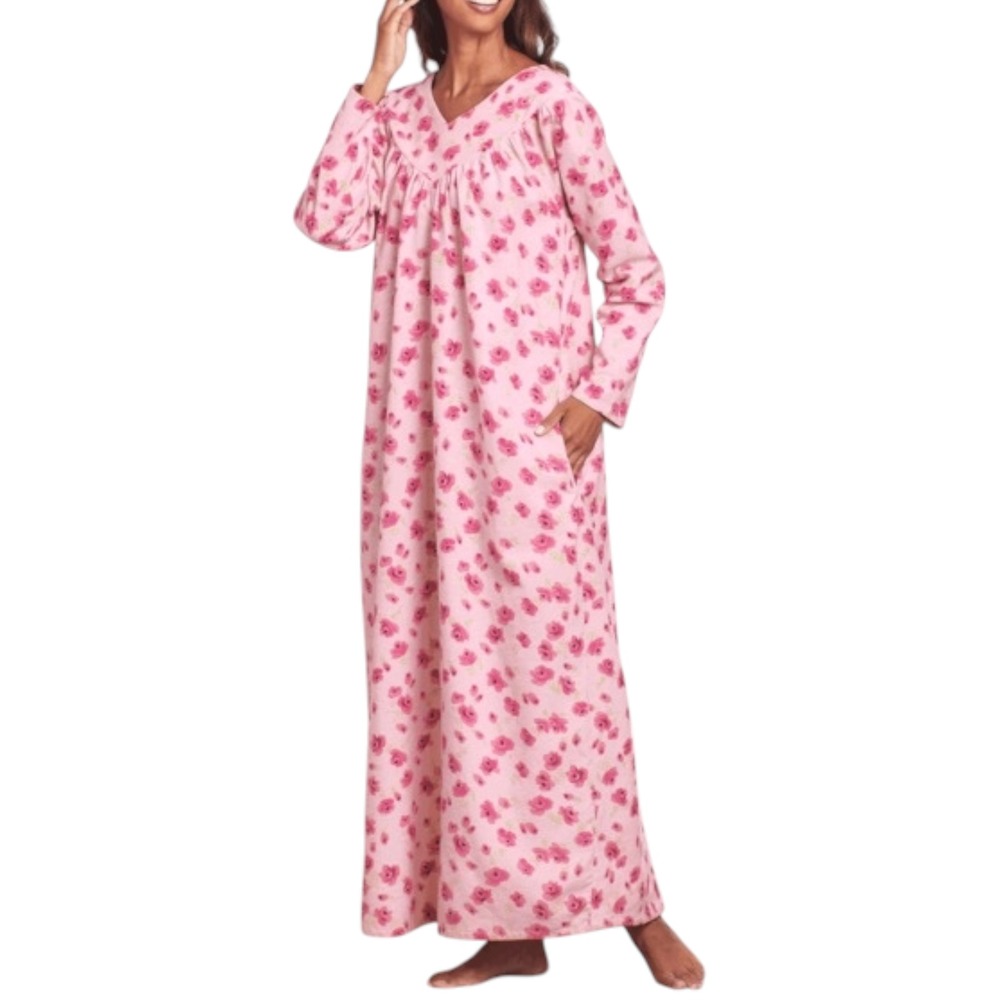Cozee Corner Pink Floral Cotton Flannel Maxi Nightgown Long Sleeve Pockets 3X